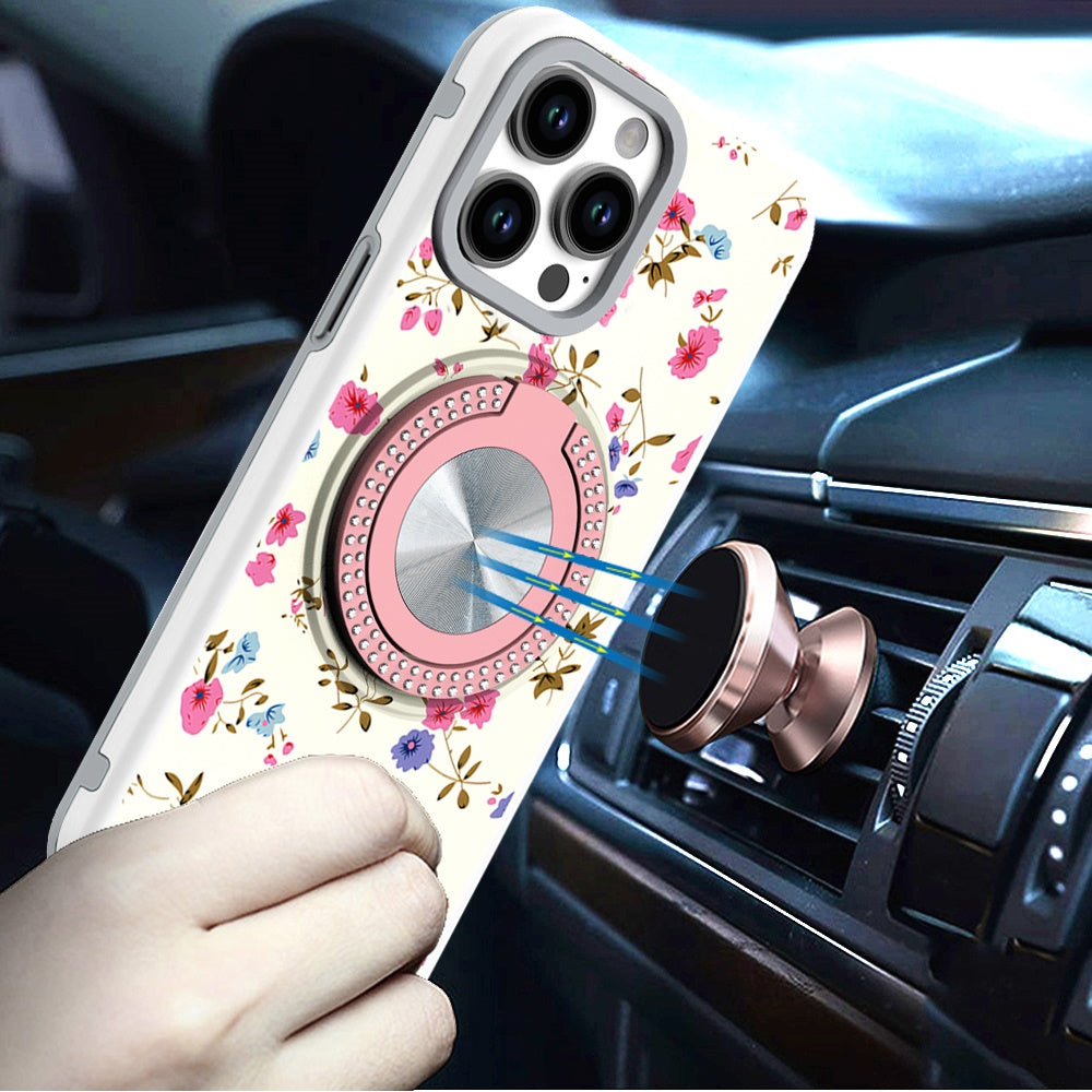 For Apple iPhone 16e Pattern Design Hybrid with Invisible Ring Stand & Magnetic Back, Shockproof Protective Grip Case Cover Mini Spring Flowers