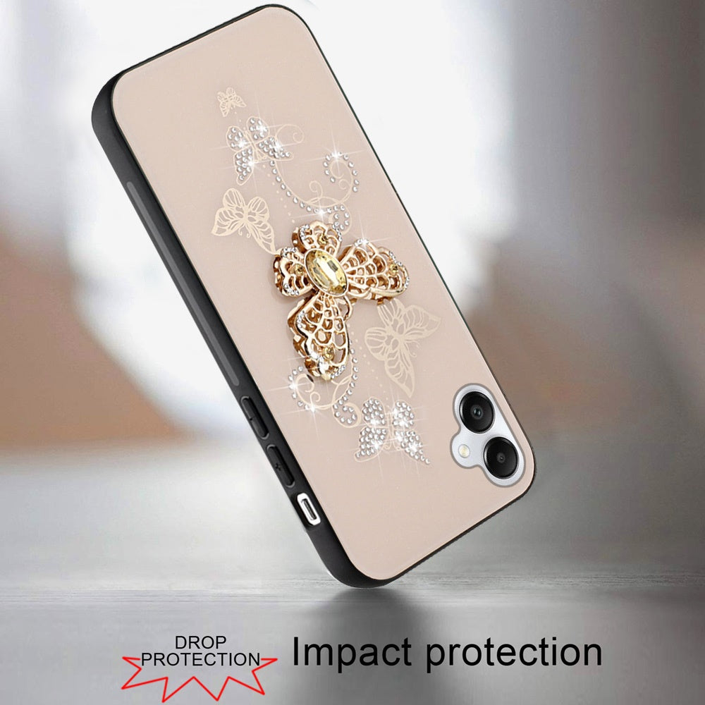 For Samsung Galaxy A06 Diamonds 3D Butterfly Bling Sparkly Glitter Ornaments Engraving Hybrid Metal Fashion Case Cover Gold Garden Butterflies