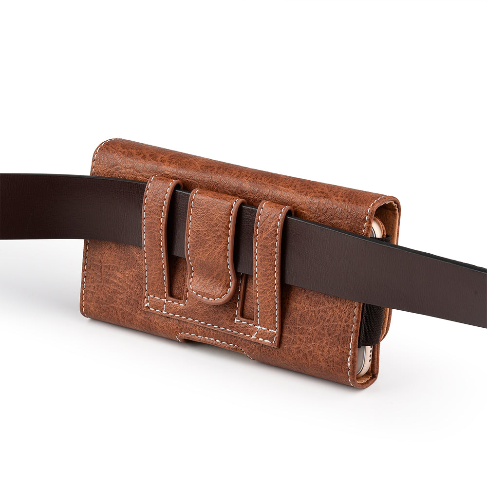 For Apple iPhone 16 Pro (6.3") Universal Horizontal Cell Phone Leather Pouch Holster Carrying Case with Credit Card Slots & Belt Clip Loop Cover [Brown]
