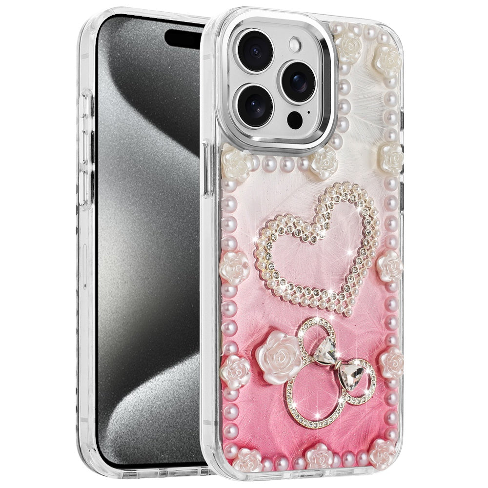 For Apple iPhone 15 Pro Max Bling Fashion Design with 3D Pearls Epoxy Glitter Ornaments Chrome Edge Hard Slim PC Case Cover