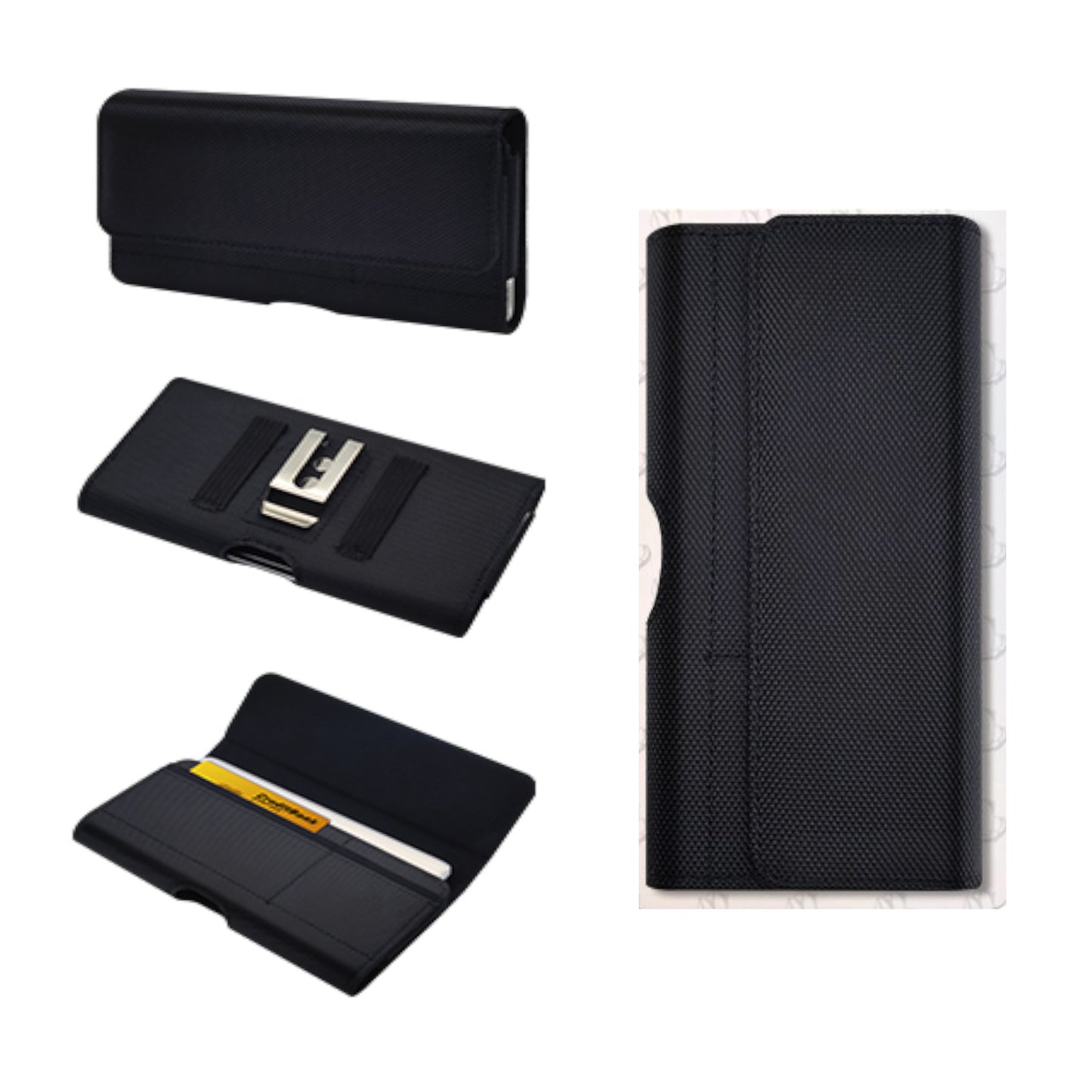 For Apple iPhone 16 Plus (6.7") Universal Nylon Canvas Horizontal Pouch Holster with Wallet Credit Card Slots & Belt Loop Clip Carrying Phone (6.7") [Black]