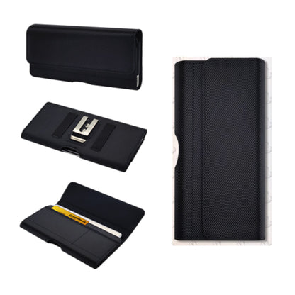 For Apple iPhone 16 Plus (6.7") Universal Nylon Canvas Horizontal Pouch Holster with Wallet Credit Card Slots & Belt Loop Clip Carrying Phone (6.7") [Black]