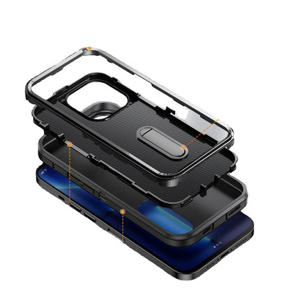 For Apple iPhone 16 (6.1") Hybrid 3 Layers Hard 3in1 Shockproof with Kickstand Heavy Duty Hard TPU Rubber Anti-Drop Case Cover Black