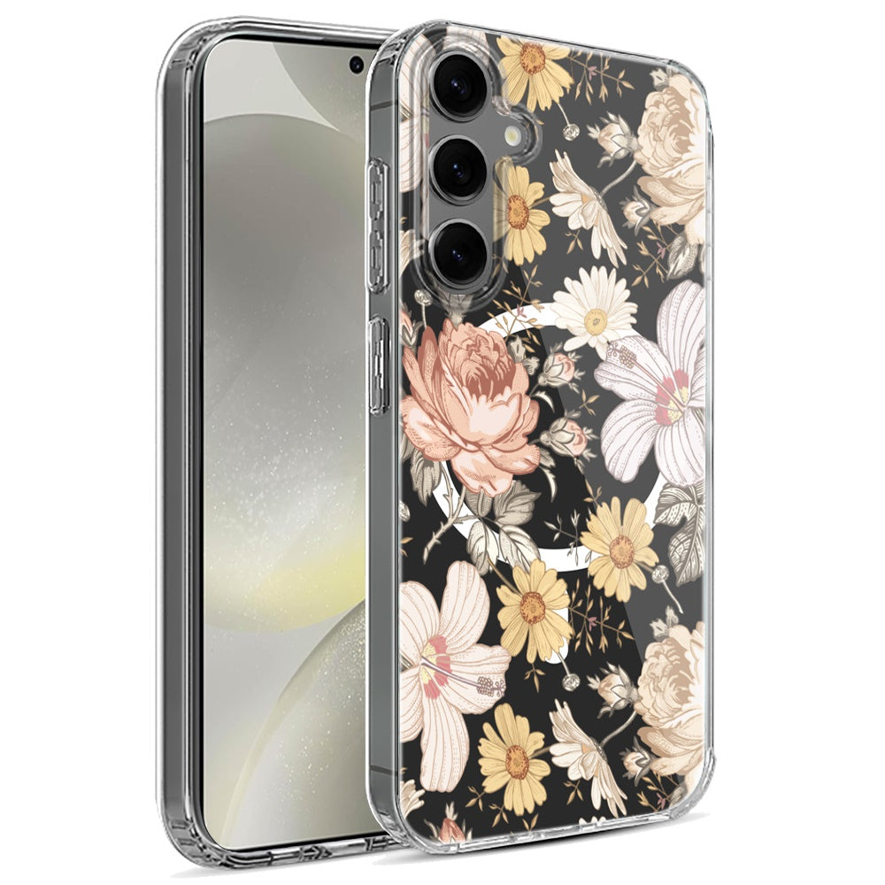 For Samsung Galaxy S25+ /S25 Plus /S24+ Plus Hybrid Flower Design Stylish Fashion Case, MagSafe Compatible, Thick Shockproof Hard PC Case Cover