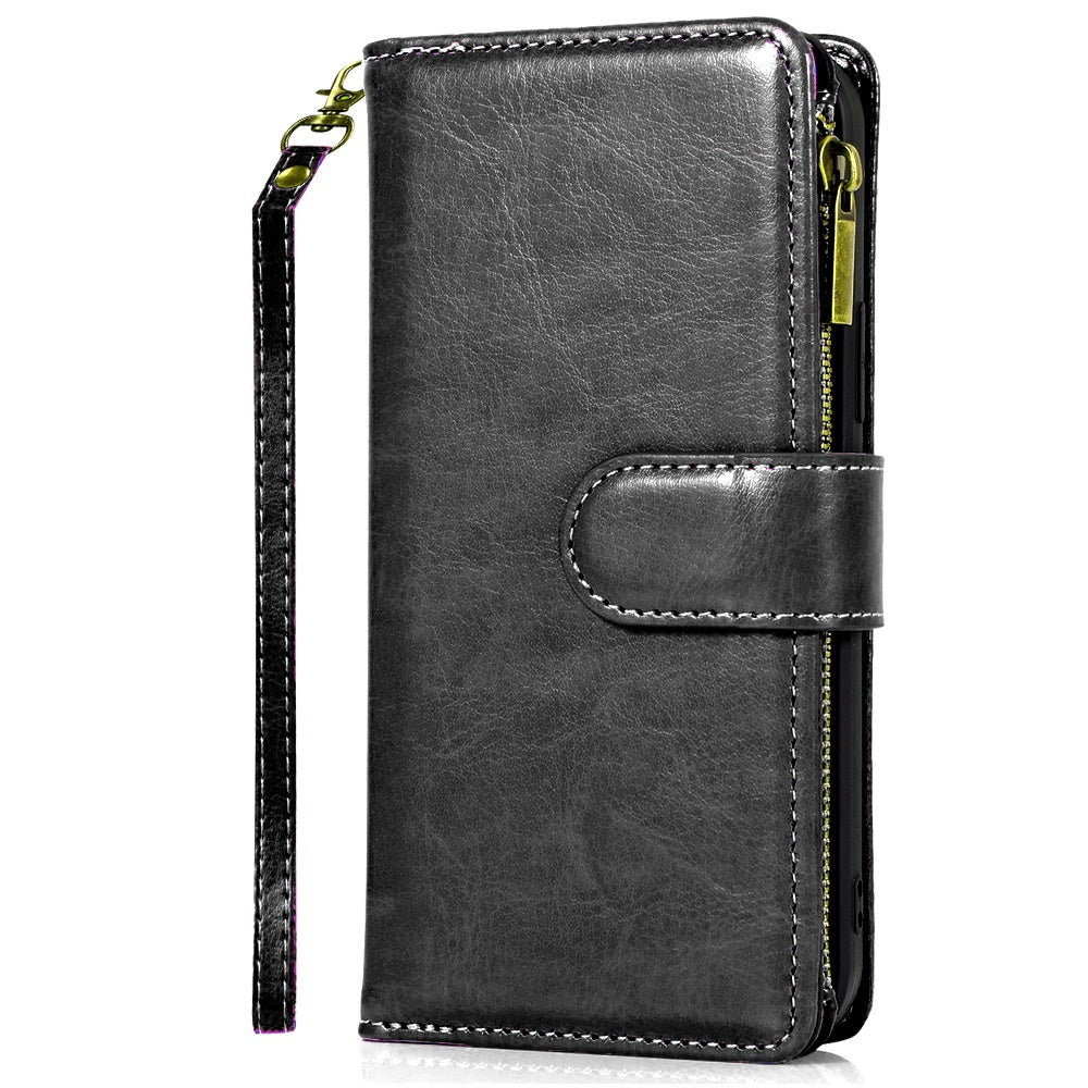 For Google Pixel 9A Luxury Leather Zipper Wallet Case 9 Credit Card Slots Cash Money Pocket Clutch Pouch with Stand & Strap Case Cover Black