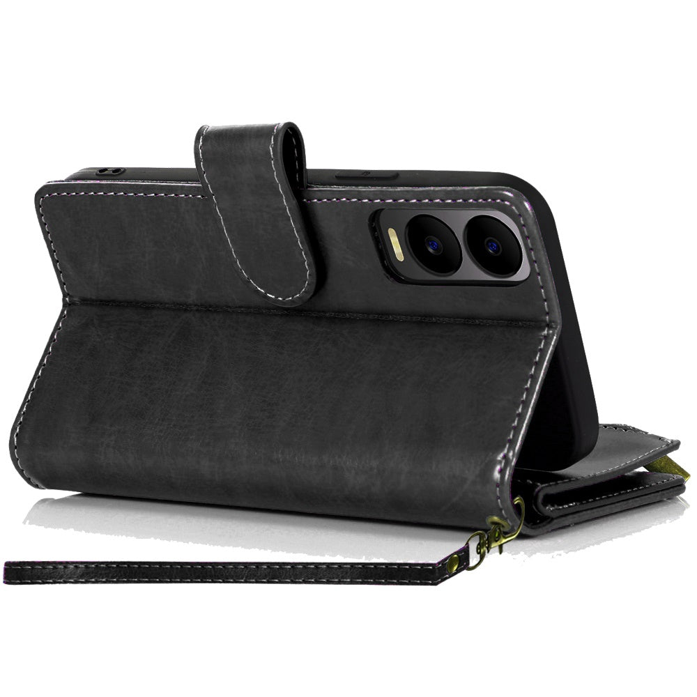 For Apple iPhone 16e Leather Wallet Case with Zipper, 9 Card Slots, Cash Pocket, Stand & Strap, Clutch Pouch Design Case Cover Black