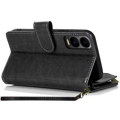 For Apple iPhone 16e Leather Wallet Case with Zipper, 9 Card Slots, Cash Pocket, Stand & Strap, Clutch Pouch Design Case Cover Black