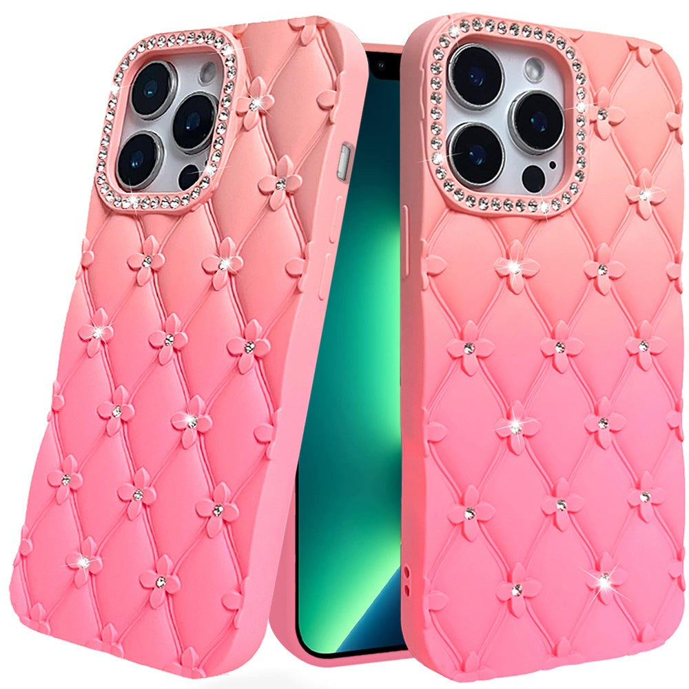 For Apple iPhone 11 Fashion Flower Design Sparkle Glitter Shimmer Rhinestone Bling Floral Accents, Leather Texture TPU Case Cover Orange /Pink