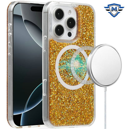 For Apple iPhone 16 Pro (6.3") Premium Transparent Epoxy Glitter Bling Magnetic Circle Compatible with MagSafe Hybrid Sparkle TPU Case Cover