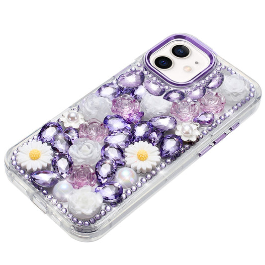 For Apple iPhone 16 Pro (6.3") Fashion Daisy Floral Series, Full 3D Bling Crystal Diamonds Sparkling Rhinestone Glitter Hybrid Design Case Cover Purple