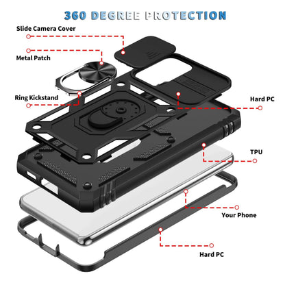For Gabb Phone 4 Pro Hybrid Shockproof, Built-in Sliding Camera Lens Protection with Magnetic Finger Ring Stand Holder Case Cover Black
