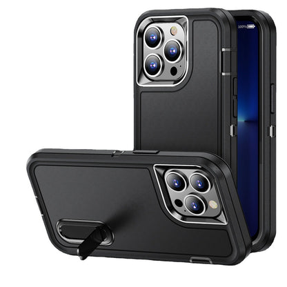 For Apple iPhone 16 (6.1") Hybrid 3 Layers Hard 3in1 Shockproof with Kickstand Heavy Duty Hard TPU Rubber Anti-Drop Case Cover Black
