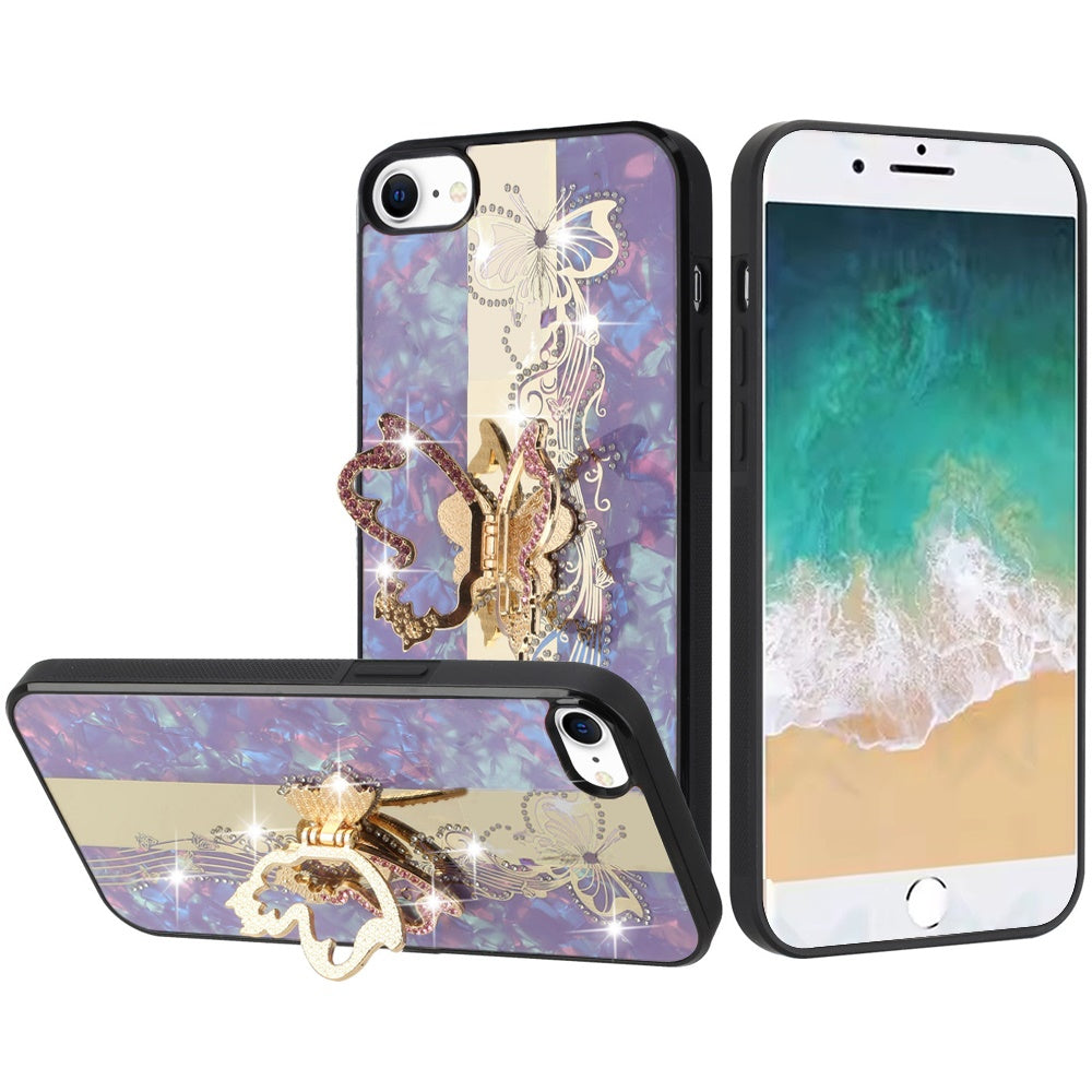 For Apple iPhone SE 4 Diamonds 3D Butterfly Bling Sparkly Glitter Ornaments Engraving Hybrid with Stand Fashion Case Cover Enchanted Butterfly Purple