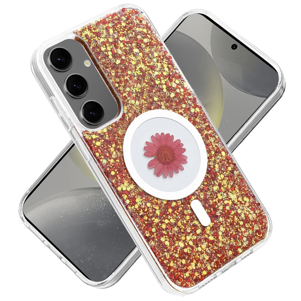 For Samsung Galaxy S25+ /S25 Plus /S24+ Plus MagSafe Compatible Glitter Flower Epoxy Hybrid Slim TPU Case, Magnetic Circle Design, Sparkly Bling Protective Case Cover