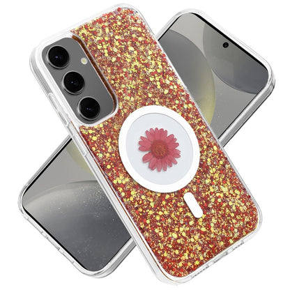 For Samsung Galaxy S25+ /S25 Plus /S24+ Plus MagSafe Compatible Glitter Flower Epoxy Hybrid Slim TPU Case, Magnetic Circle Design, Sparkly Bling Protective Case Cover