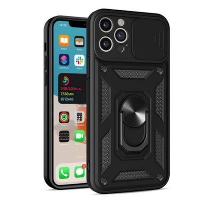 For Gabb Phone 4 Pro Hybrid Shockproof, Built-in Sliding Camera Lens Protection with Magnetic Finger Ring Stand Holder Case Cover Black