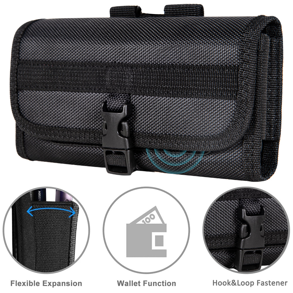 For Apple iPhone 16 Pro (6.3") Universal Pouch Case Horizontal Phone Holster Nylon Cover with Front Buckle, Belt Clip Loop & Hook Carabiner Large [Black]