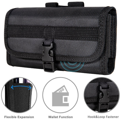 For Apple iPhone 16 Pro (6.3") Universal Pouch Case Horizontal Phone Holster Nylon Cover with Front Buckle, Belt Clip Loop & Hook Carabiner Large [Black]