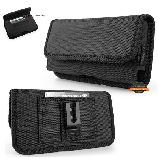For Apple iPhone 16 Plus (6.7") Universal Horizontal Cell Phone Case Fabric Holster Carrying Pouch with Belt Clip and 2 Card Slots fit XXL Devices [Black]