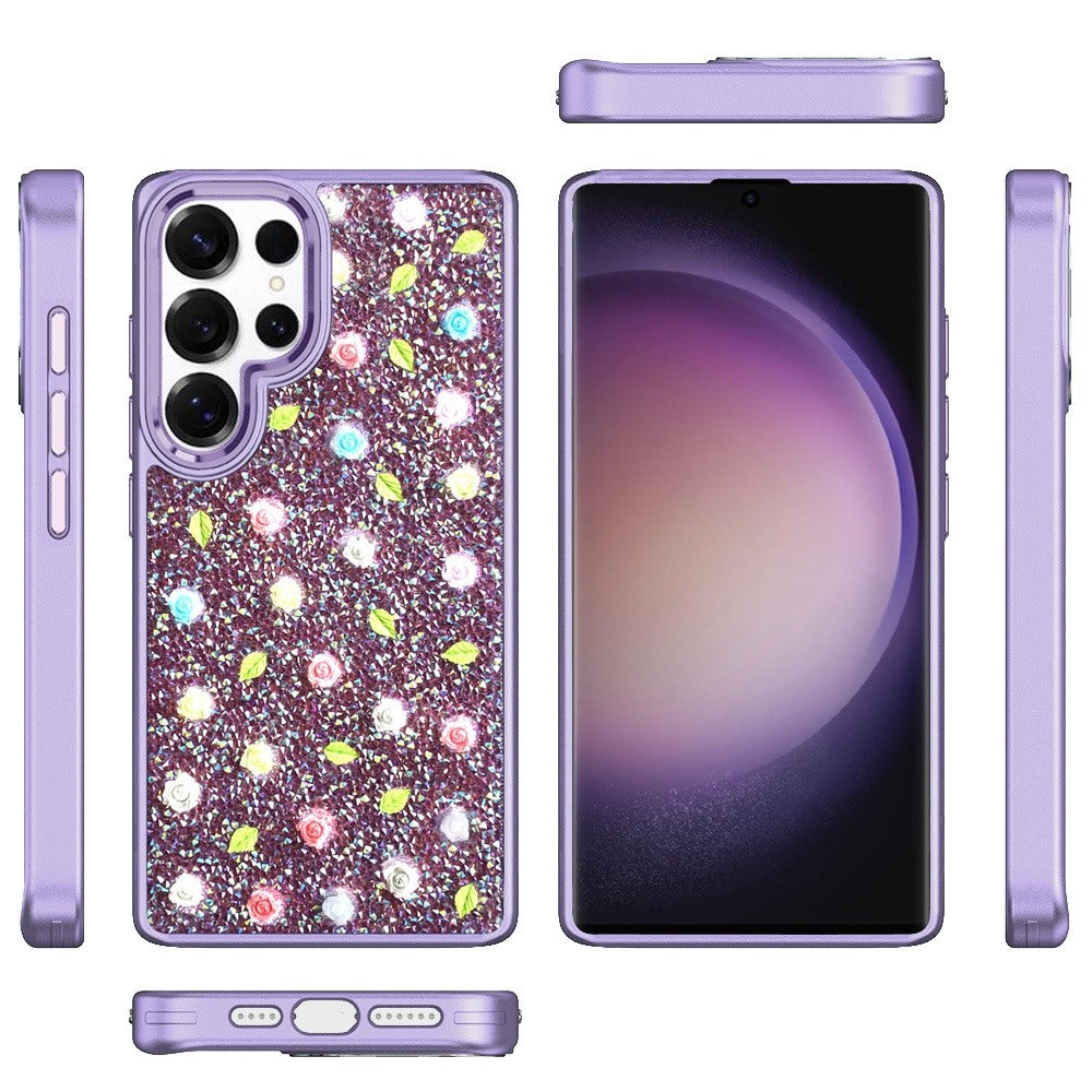 For Samsung Galaxy S25 Ultra Floral Design Embedded Glass Diamond Fancy Fashion Glitter Bling Sparkly Hybrid Rugged TPU Bumper Case Cover