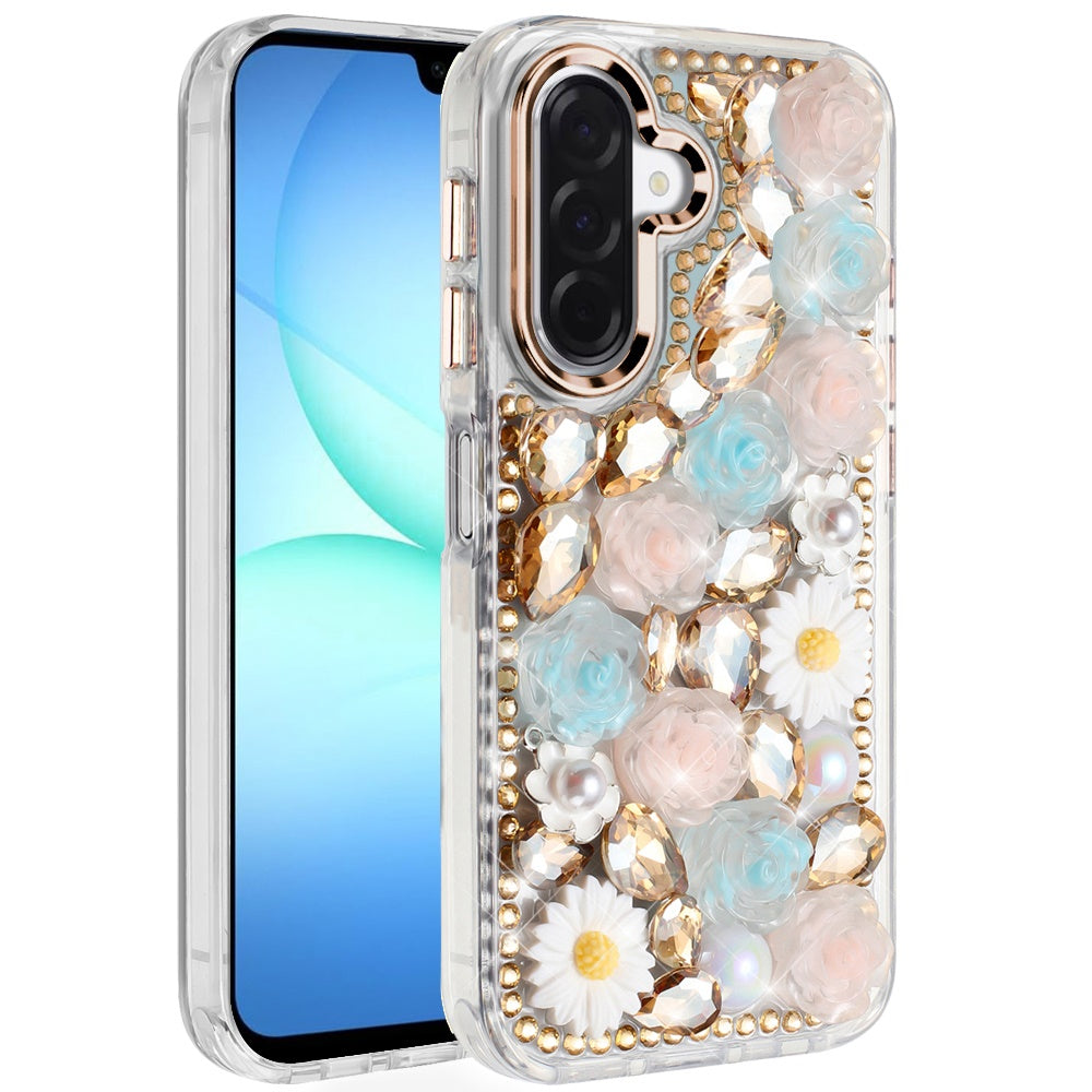 For Samsung Galaxy A17 5G Fashion Daisy Floral Series, Full 3D Bling Crystal Diamonds Sparkling Rhinestone Glitter Hybrid Design Case Cover