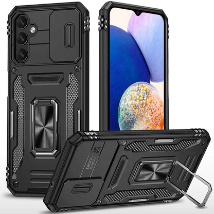 For Samsung Galaxy A32 5G Tough Hybrid Case with Movable Camera Window & Metal Ring Stand Shockproof Case Cover Black