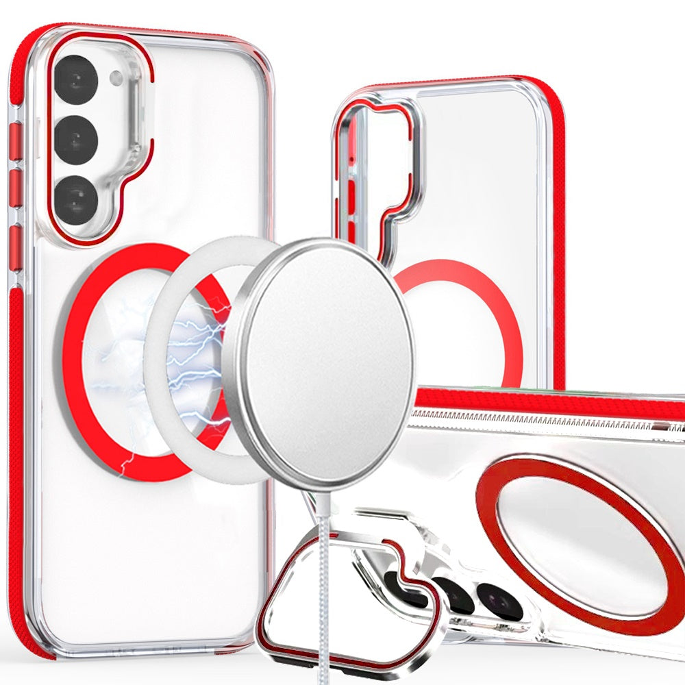 For Samsung Galaxy S22 Hybrid Clear Invisible Camera Bracket Stand [With Magsafe Magnetic Circle] Shockproof Color Frame Case Cover Red