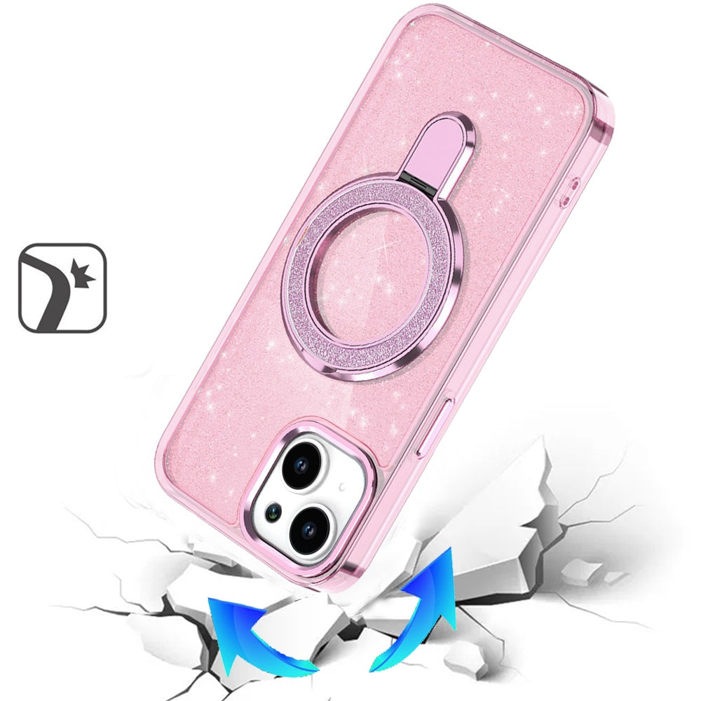 For Apple iPhone 14 /13 Transparent Glitter Bling Case with Rotating Magnetic Ring Stand, Shockproof Hybrid Case Cover