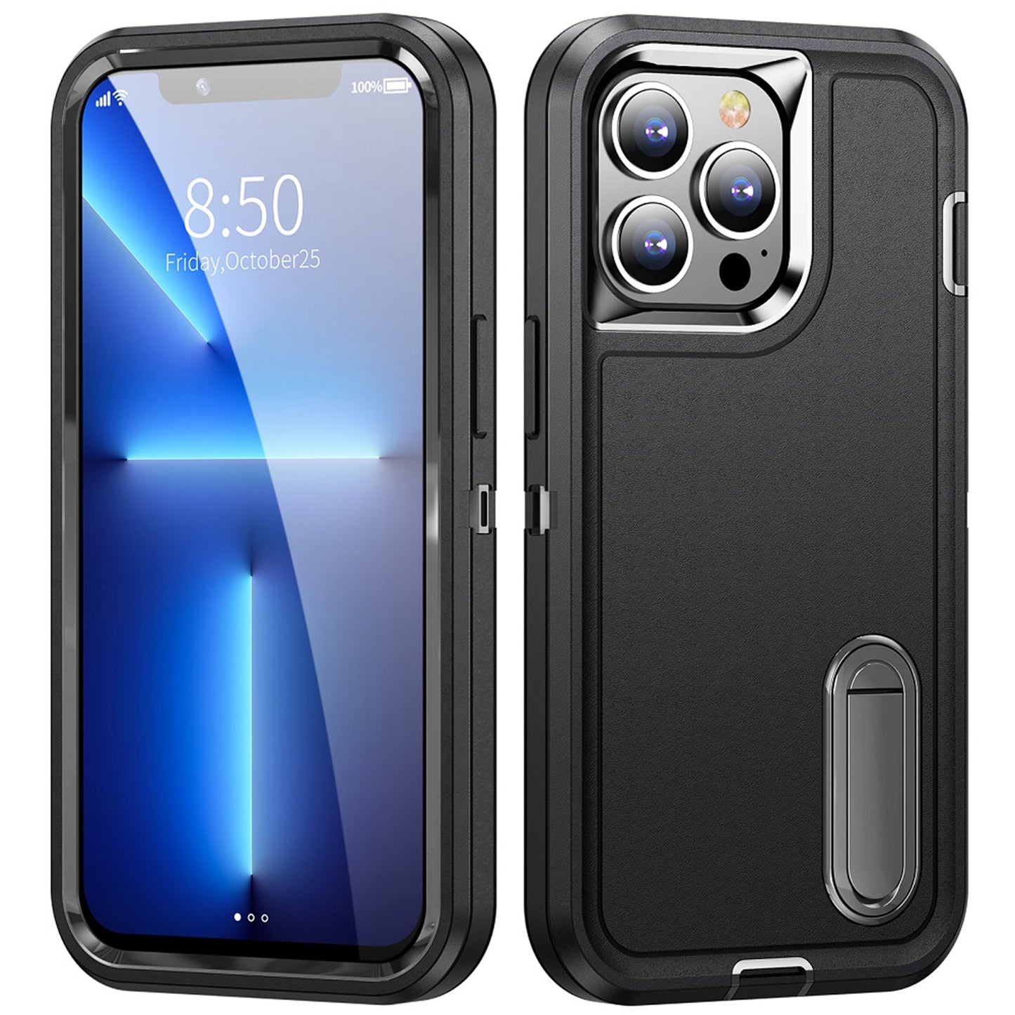 For Apple iPhone 16 (6.1") Hybrid 3 Layers Hard 3in1 Shockproof with Kickstand Heavy Duty Hard TPU Rubber Anti-Drop Case Cover Black