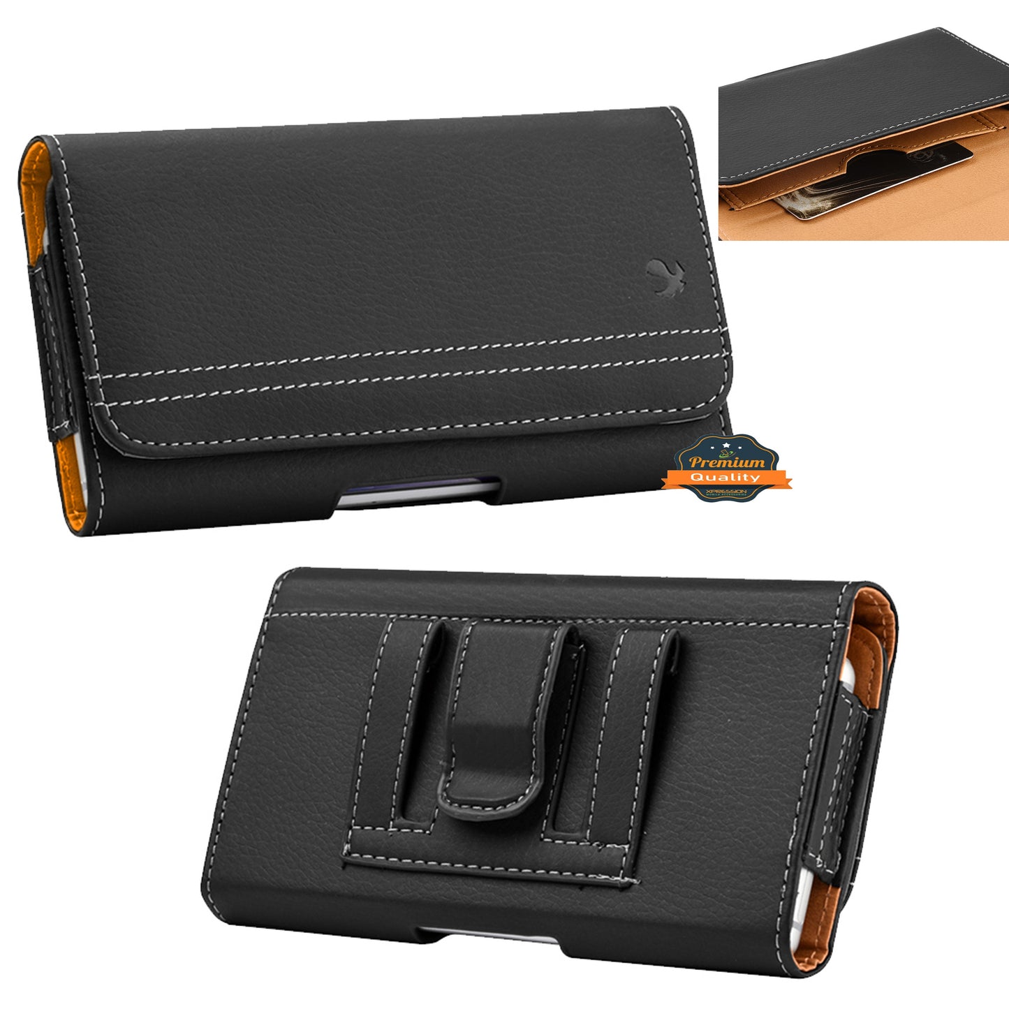 For Apple iPhone 16 Plus (6.7") Horizontal Universal Carrying Pouch Cell Phone Case PU Leather Holster Belt Clip Loop Card Slot & Magnetic Closure [Black]