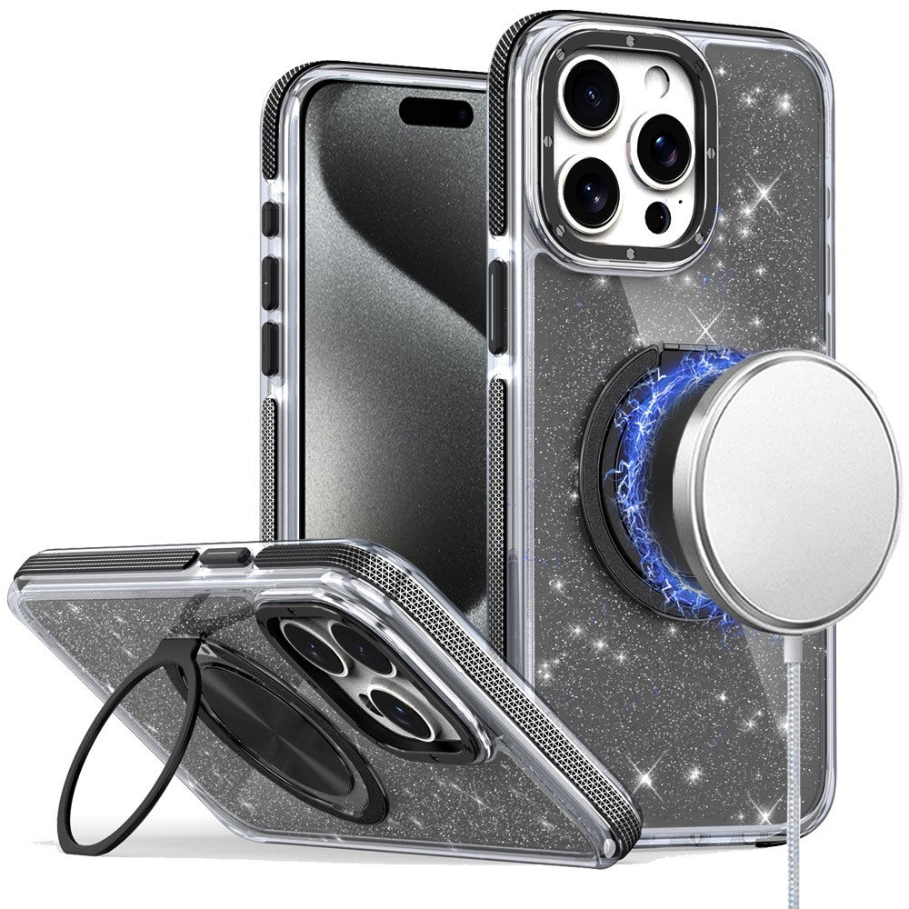 For Samsung Galaxy Z Fold 7 Slim Bling Glitter Sparkly Shimmer Hybrid with Magnetic Ring and 360° Rotational Stand [Compatible with Magsafe] Case Cover