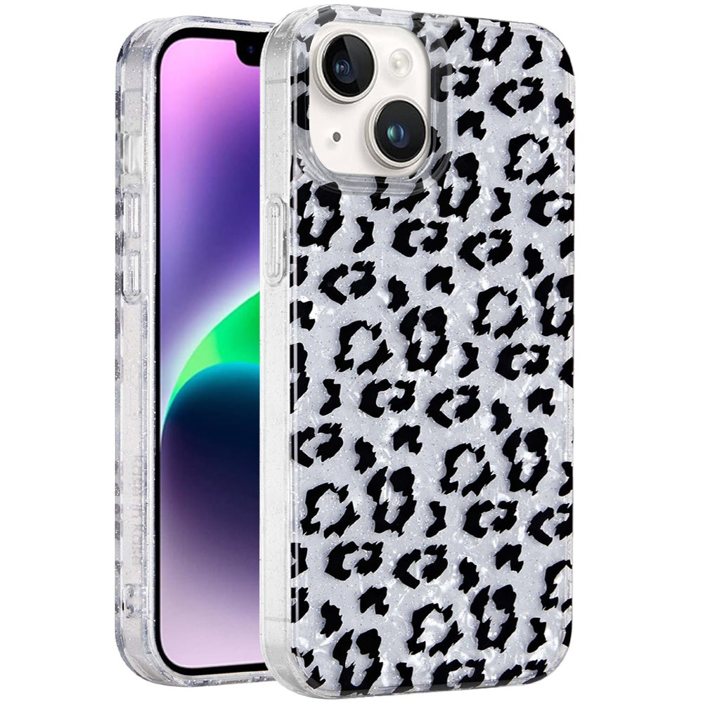 For Apple iPhone 15 Glitter Leopard, Fashion Design Animal Skin Print Slim IMD TPU Dual Layer Shockproof Protective Case Cover