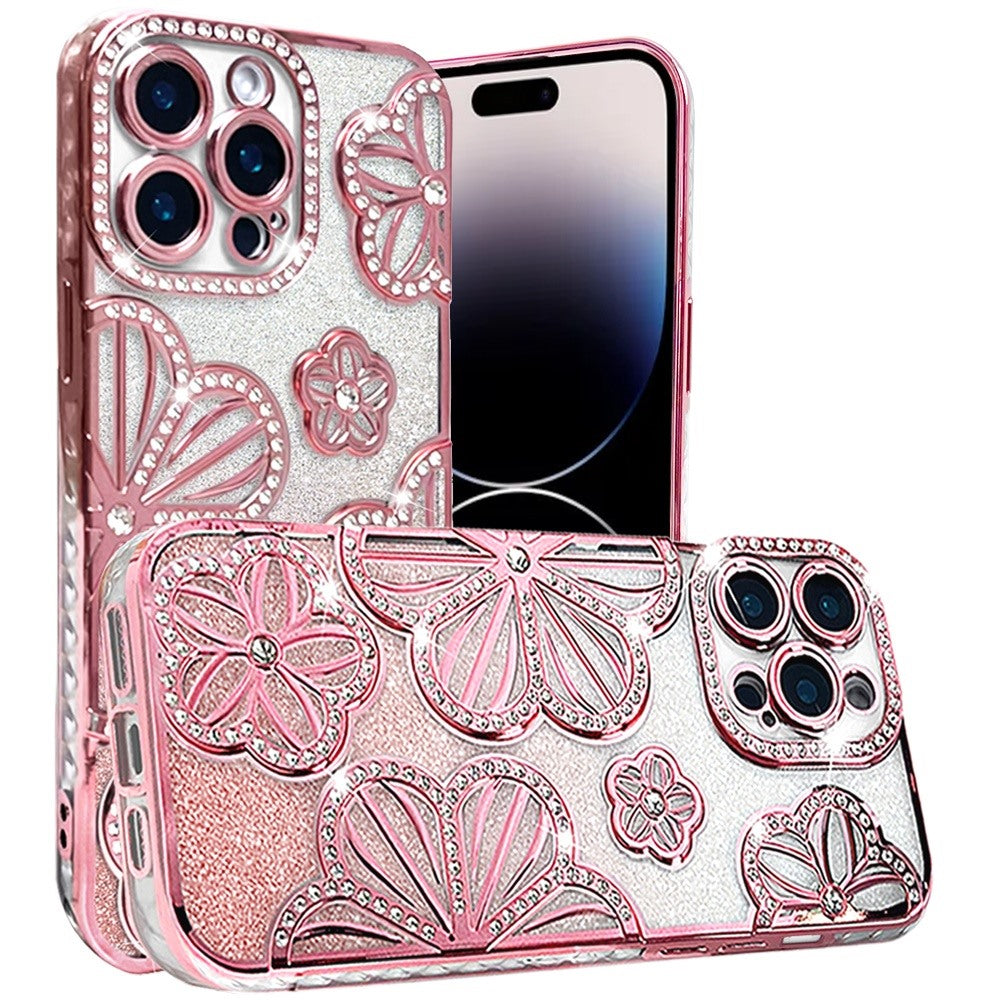 For Apple iPhone 14 Pro Max Luxury Floral Design Sparkle Glitter Diamond Crystal Rhinestone Shimmer Bling Plating Thick TPU Hard PC Case Cover