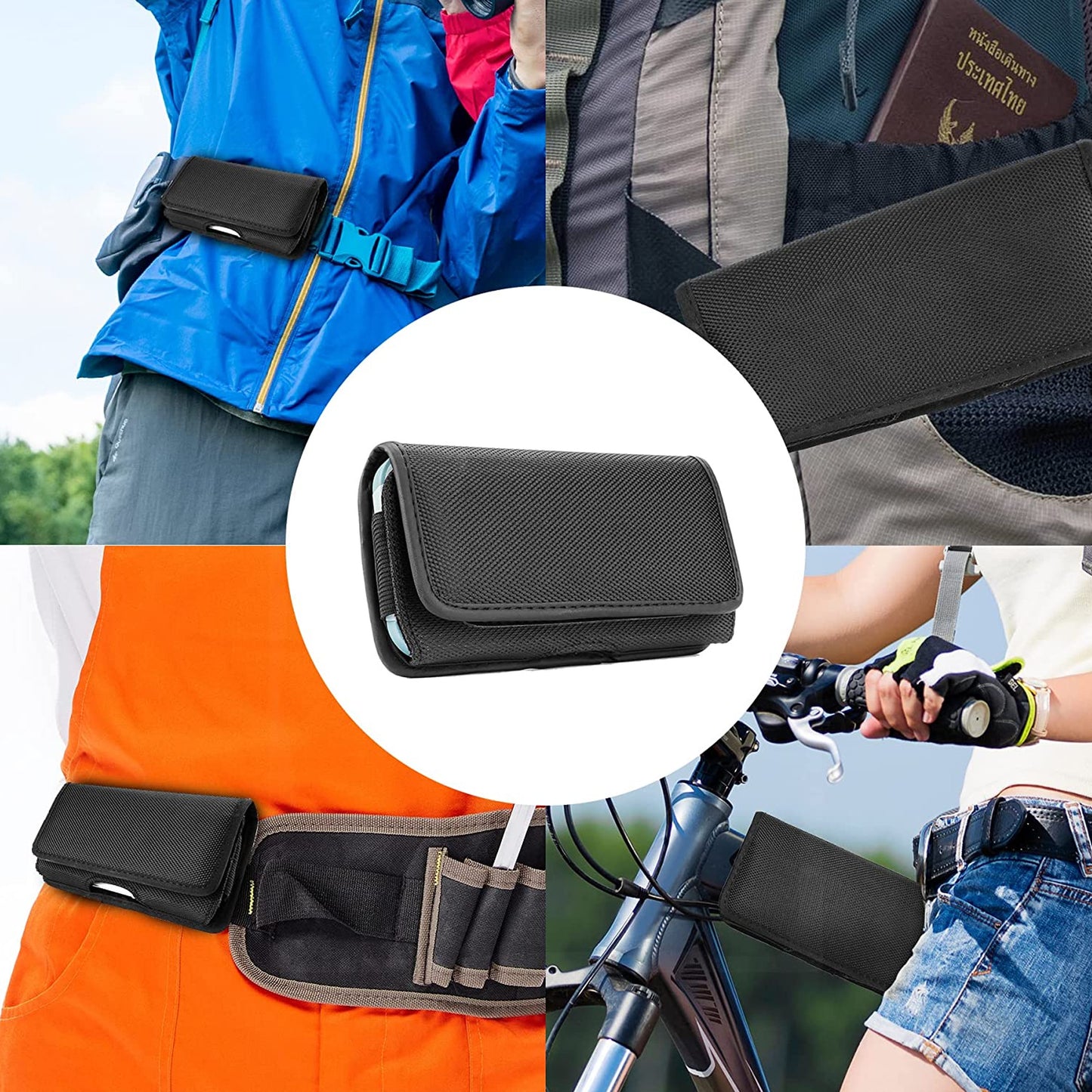 For Apple iPhone 16 Plus (6.7") Pouch Case Universal Horizontal Canvas with Belt Clip Loop Holster Military Grade Cell Phone Holder Cover [Black]