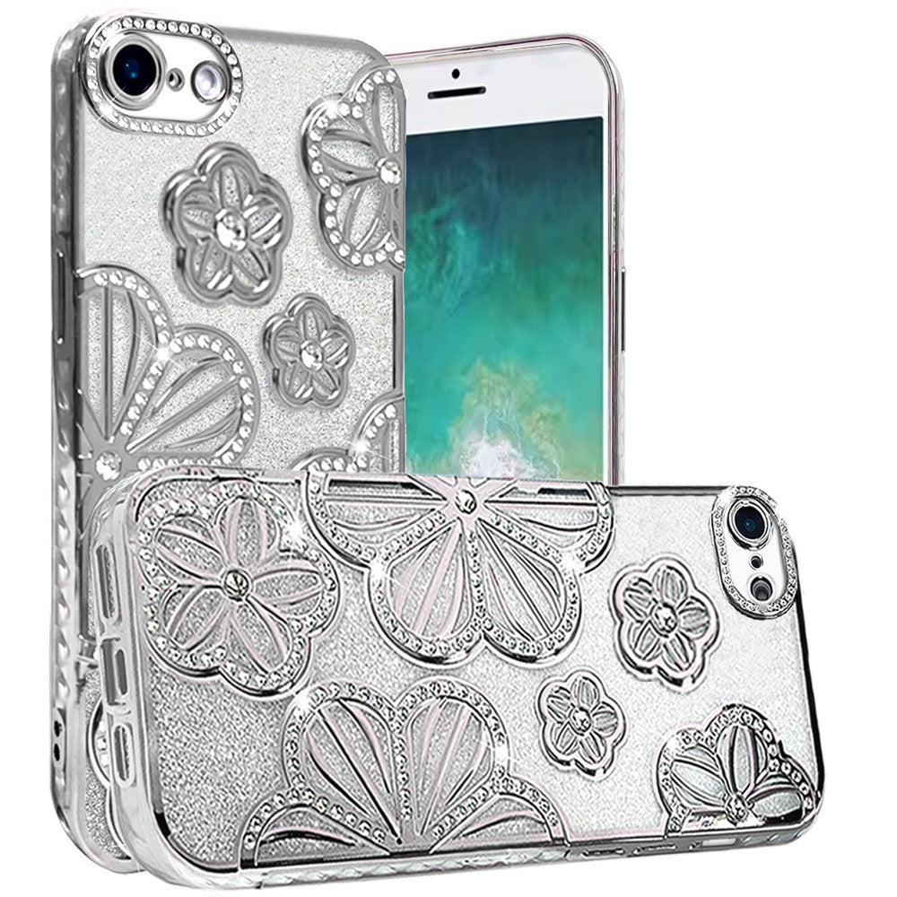 For Samsung Galaxy A26 Luxury Flower Design Sparkle Glitter Diamond Rhinestone Shimmer Bling Plating Thick TPU Hard PC Case Cover Flower Silver