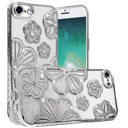 For Samsung Galaxy A26 Luxury Flower Design Sparkle Glitter Diamond Rhinestone Shimmer Bling Plating Thick TPU Hard PC Case Cover Flower Silver