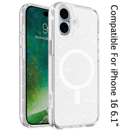 For Apple iPhone 16 (6.1") MagSafe Compatible Glitter Shiny Sparkle Bling TPU Rubber Hard PC Back Hybrid Frame Case Cover