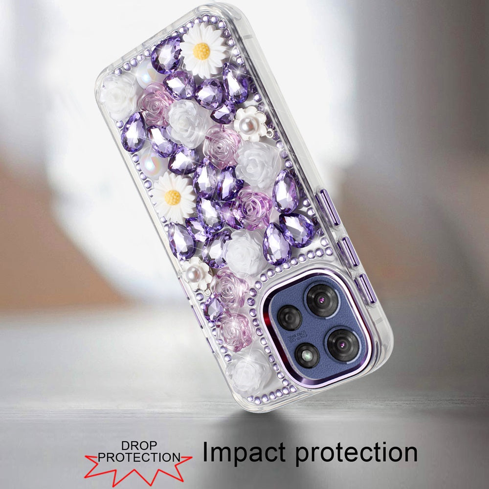 For Motorola Moto G Stylus 5G 2025 Fashion Daisy Floral Series, Full 3D Bling Crystal Diamonds Sparkling Rhinestone Glitter Hybrid Design Case Cover