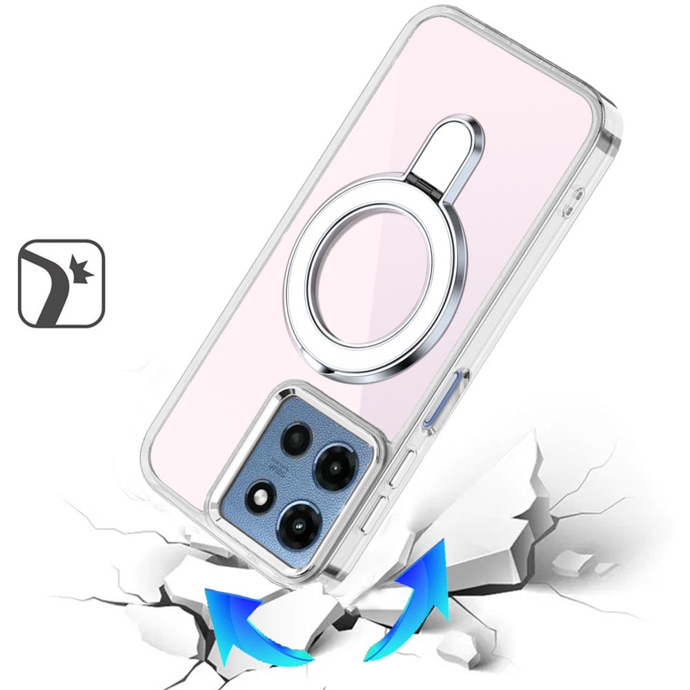 For Motorola Moto G 5G 2025 Chrome Hybrid with Rotating Magnetic Circle Ring Stand, Slim Shockproof Hybrid Case Cover