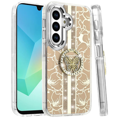 For Samsung Galaxy A16 5G Diamonds 3D Butterfly Floral Design Bling Sparkly Glitter Hybrid Metal Fashion with Ring Stand Case Cover