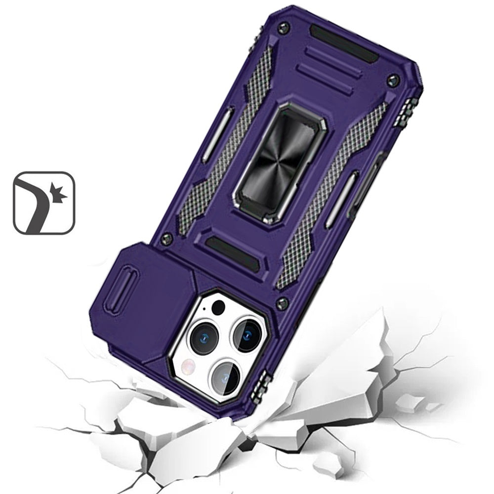 For Apple iPhone 16e Tough Hybrid Case with Movable Camera Window & Metal Ring Stand Shockproof Case Cover Dark Purple