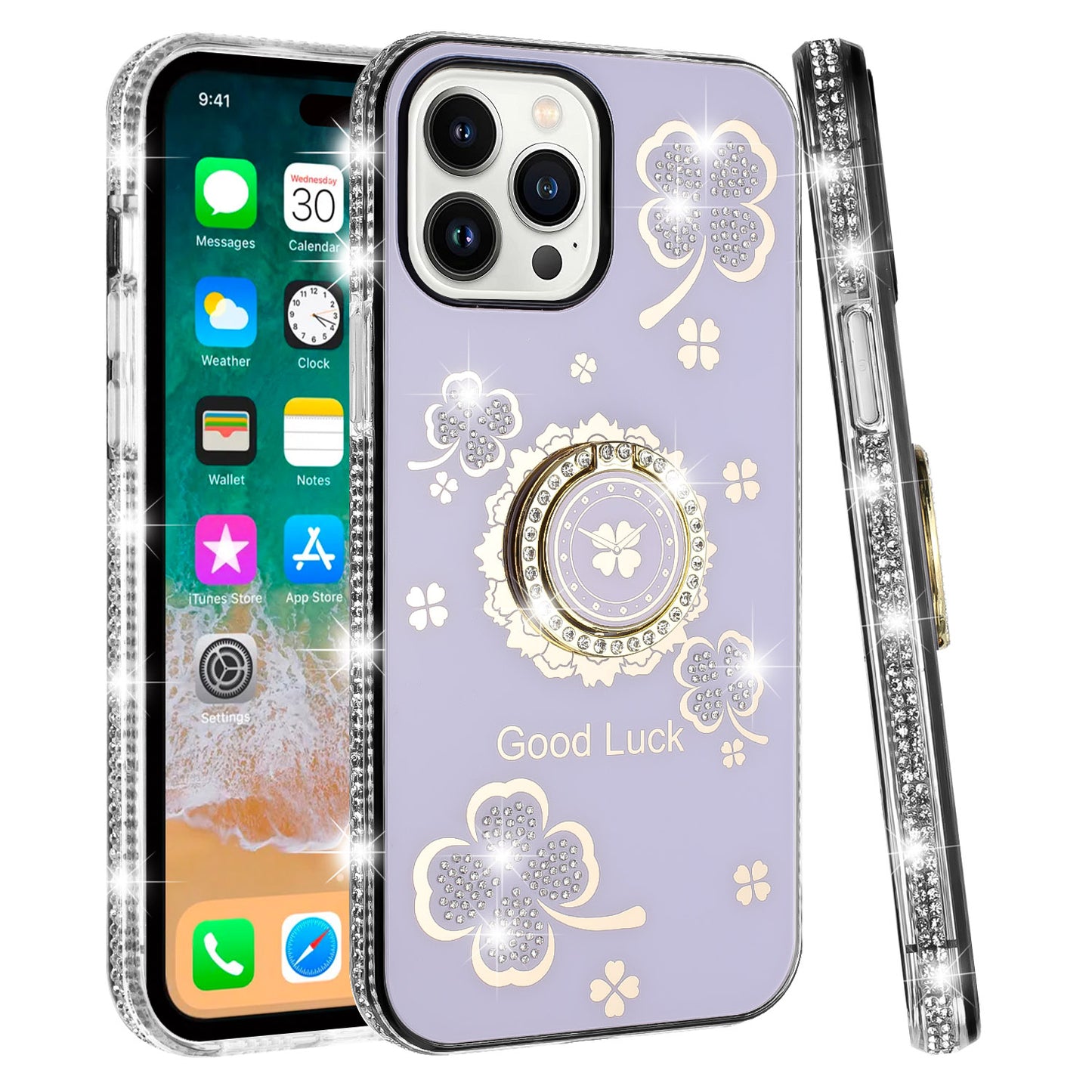 For Samsung Galaxy A06 Diamonds Bling All Around Edges Sparkly Glitter Hybrid with Ring Stand Holder Fashion Good Luck Case Cover