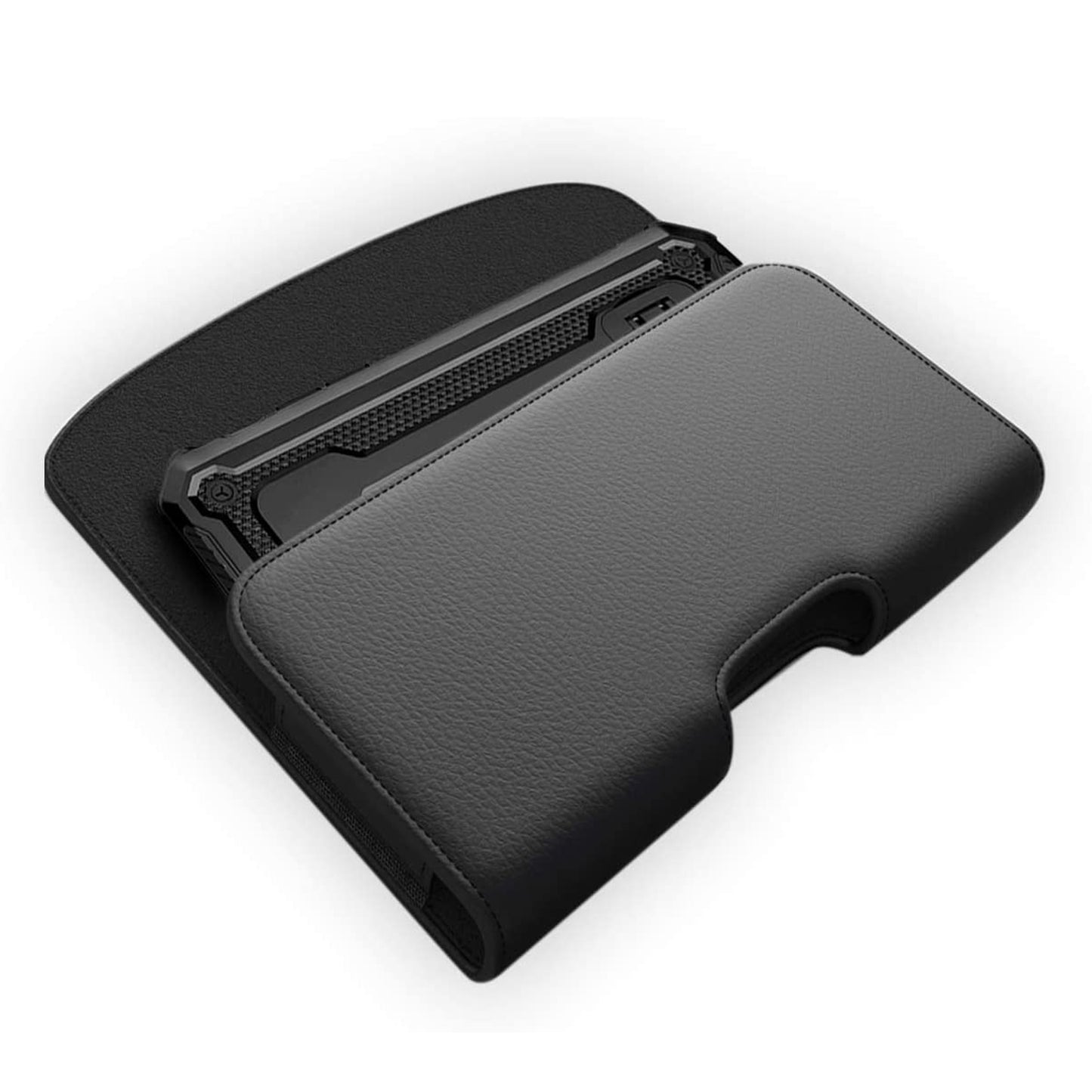 For Apple iPhone 16 Plus (6.7") Universal Leather Belt Holster Horizontal Pouch Phone Holder with Belt Loop / Clip Waistband (X-Large) Cover [Black]