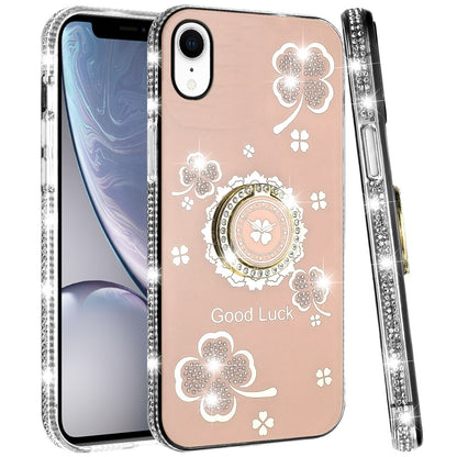 For Apple iPhone XR Diamonds Bling All Around Edges Sparkly Glitter Hybrid Ring Stand Holder Fashion Good Luck Case Cover