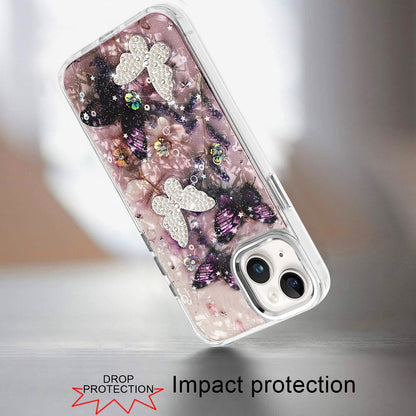 For Apple iPhone 15 Epoxy Glitter Flowers Bling 3D Butterfly Fashion TPU Hybrid with Shockproof Protection Case Cover
