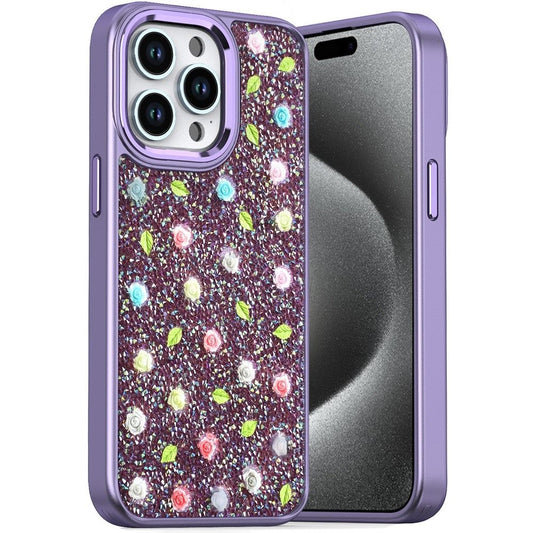 For Samsung Galaxy A06 Floral Design Embedded Glass Diamond Fancy Fashion Glitter Bling Sparkly Hybrid Rugged TPU Bumper Case Cover