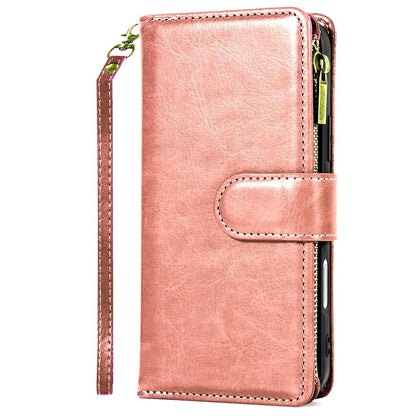 For Motorola Edge 2025 Leather Wallet Case with Zipper, 9 Card Slots, Cash Pocket, Stand & Strap, Clutch Pouch Design Case Cover Rose Gold