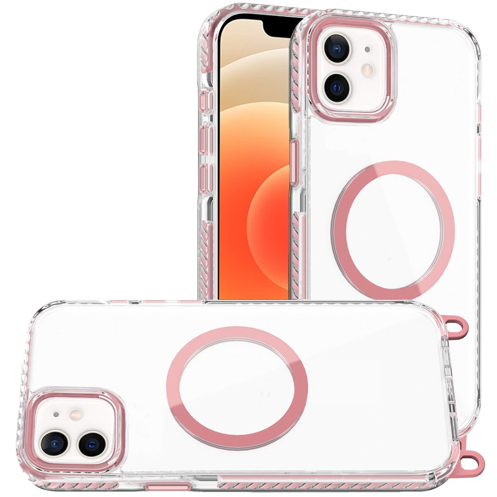 For Apple iPhone 15 Clear Magnetic Frame PC Back Shockproof Protective Case with Detachable Lanyard Strap, Compatible with MagSafe Case Cover