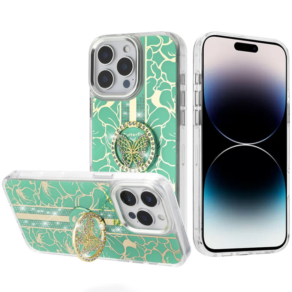 For Motorola Edge 2025 Diamonds 3D Butterfly Floral Design Bling Sparkly Glitter Hybrid Metal Fashion with Ring Stand Case Cover
