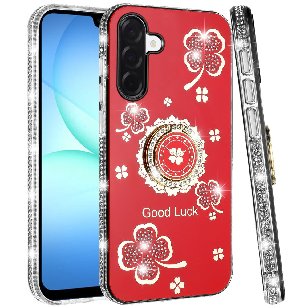 For Samsung Galaxy A17 5G Diamonds Bling All Around Edges Sparkly Glitter Hybrid with Ring Stand Holder Fashion Good Luck Case Cover